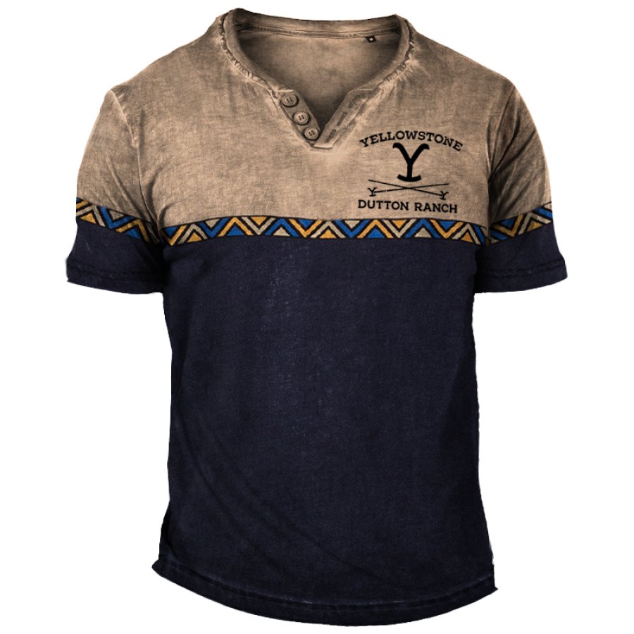 

Camiseta Vintage Con Estampado étnico Y Bloques De Color Con Cuello Henley De Yellowstone Para Hombre