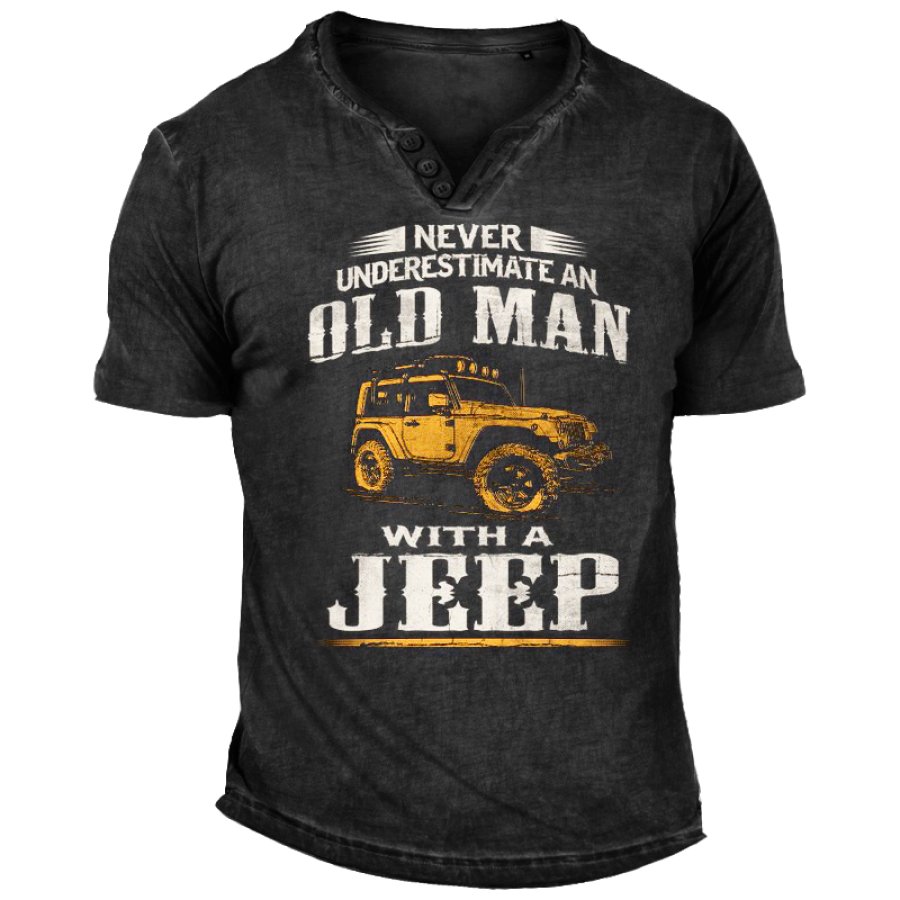 

Never Underestimate An Old Man With A Jeep Men's Retro Pribt Henley T-Shirt