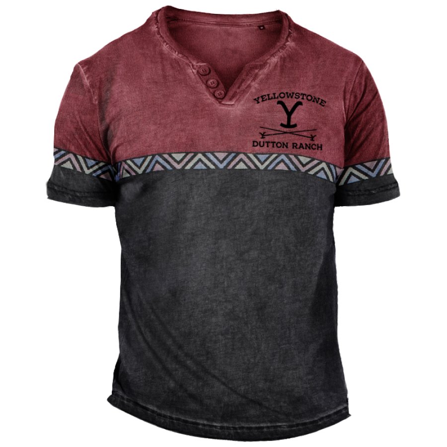 

Men's Vintage Yellowstone Henley Collar Color Block Ethnic Print T-Shirt