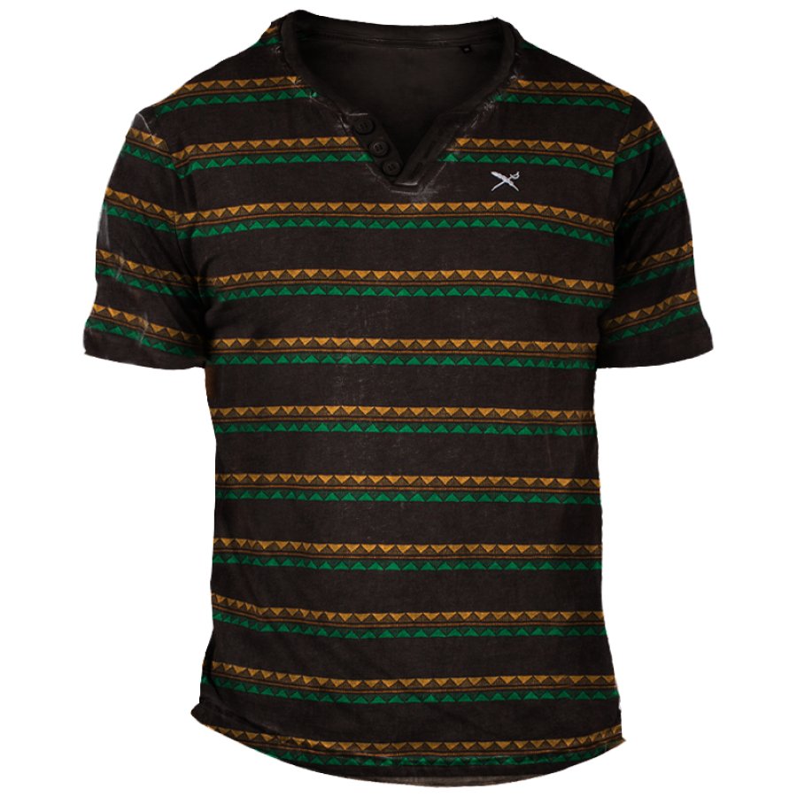 

Men's Vintage Henley Collar Color Block Ethnic Print T-Shirt