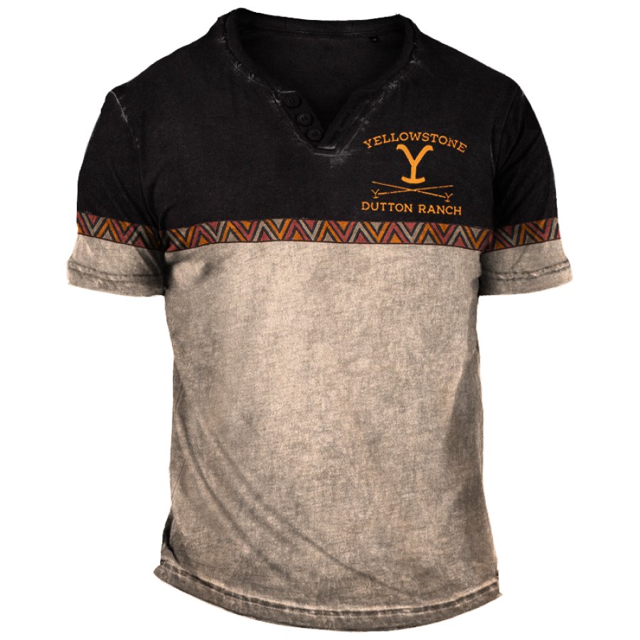 

Men's Vintage Yellowstone Henley Collar Color Block Ethnic Print T-Shirt
