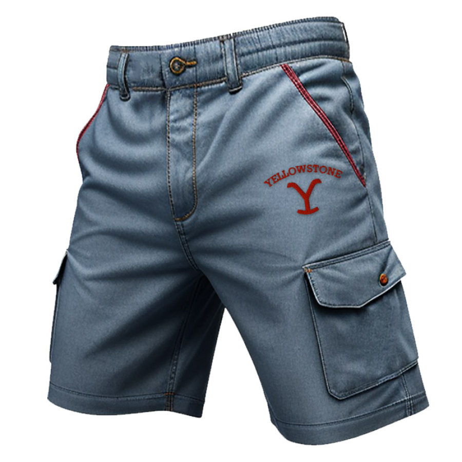 

Herren Cargo-Shorts Vintage Yellowstone Stickerei Tasche Farbblock Outdoor-Shorts