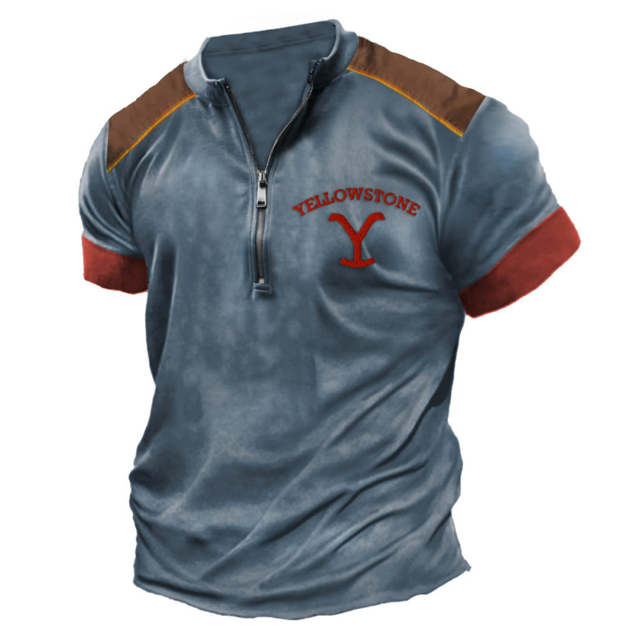 

Herren-T-Shirt Im Vintage-Stil Mit Yellowstone-Stickerei Farbblock-Reißverschluss Und Henley-Kragen