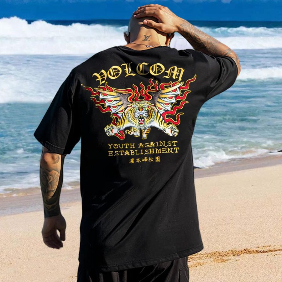 

Herren T-Shirt Vintage Volcom Tokyo Tiger Stickerei Surf Kurzarm Casual Tee