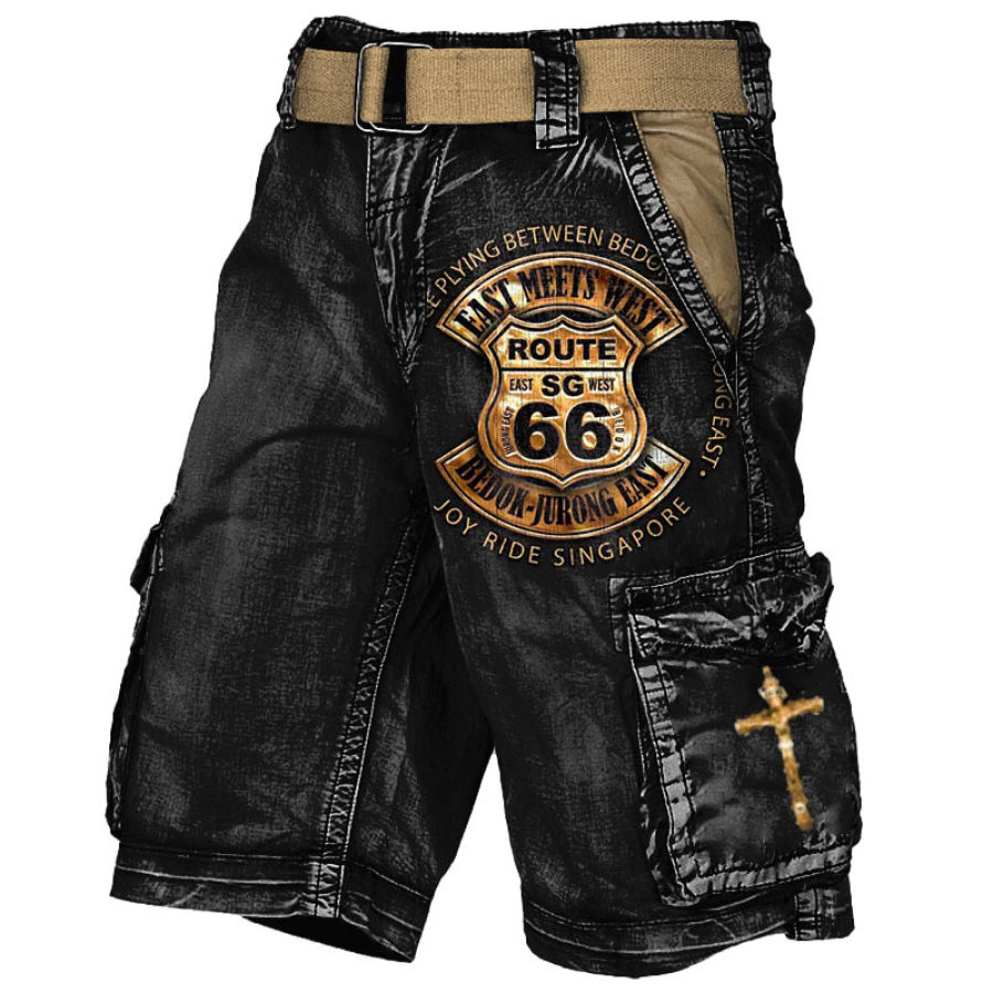 

Route 66 Cross Men's Cargo Shorts Vintage Distressed Utility Outdoor Shorts