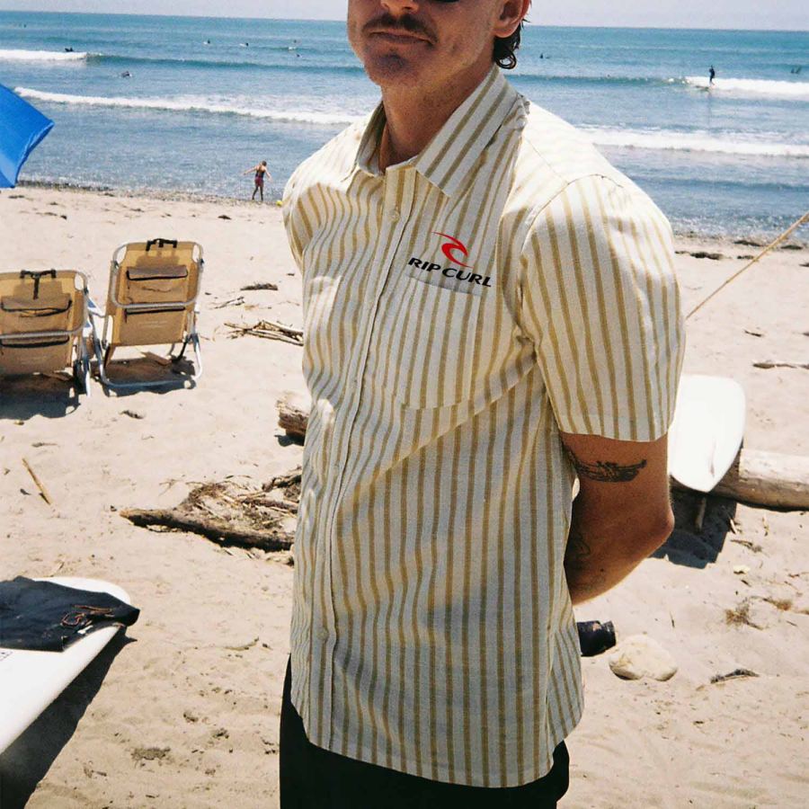 

Мужская гавайская пляжная рубашка с короткими рукавами и карманами для серфинга в полоску Rip Curl