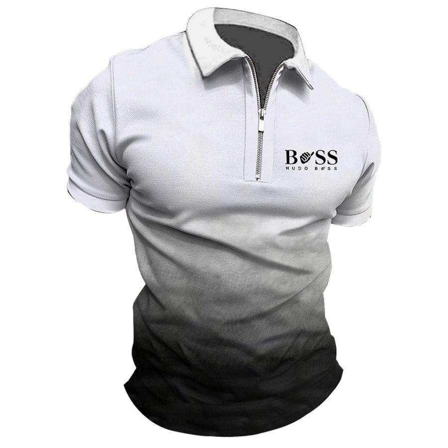 

Мужская футболка Молния Поло Boss Градиентный принт На открытом воздухе Лето Повседневные Топы с короткими рукавами