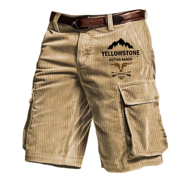 Men's Outdoor Vintage Yellowstone Print Corduroy Multi Pocket Shorts - Cotosen.com