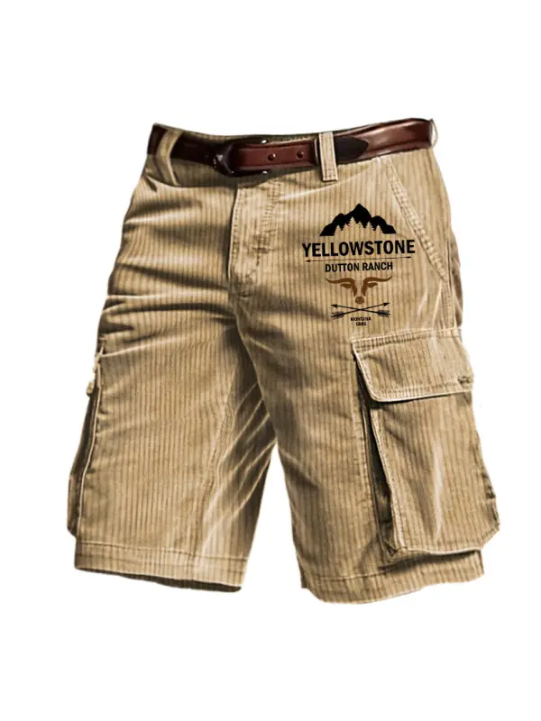 Men's Outdoor Vintage Yellowstone Print Corduroy Multi Pocket Shorts - Spiretime.com 
