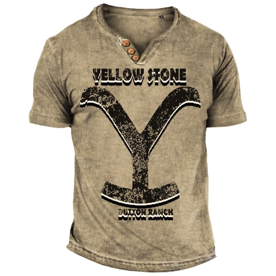 

Men's Vintage Yellowstone Print Henley Collar T-Shirt