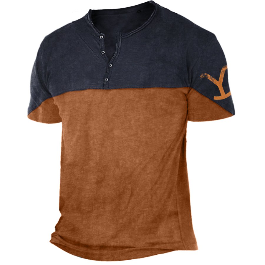 

Empalme De Camiseta Con Estampado étnico Con Bloques De Color Y Cuello Henley Vintage De Yellowstone Para Hombre