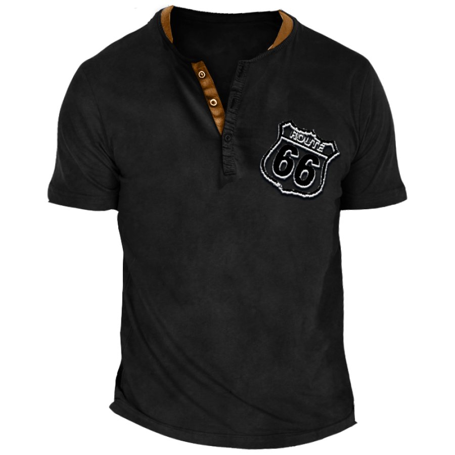 

Мужская винтажная дышащая футболка Henley для путешествий на открытом воздухе Route 66 с цветными блоками