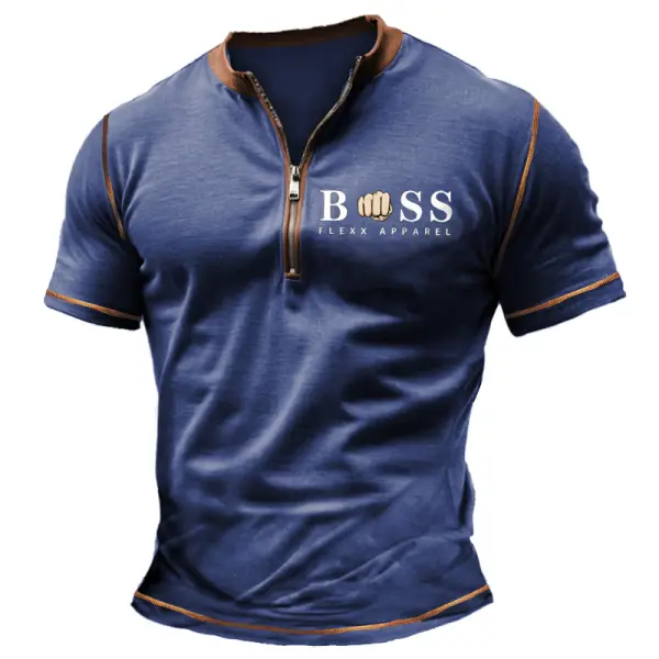 Men's Vintage Boss Color Block Zipper Henley Collar T-Shirt - Blaroken.com 
