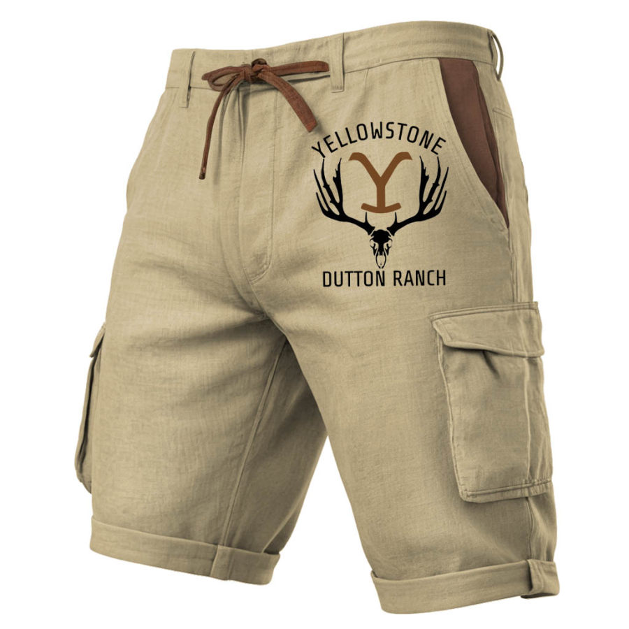 

Yellowstone Herren-Shorts Aus Baumwoll-Leinen Outdoor-Vintage-Stil Mit Mehreren Taschen Farbblock-Shorts
