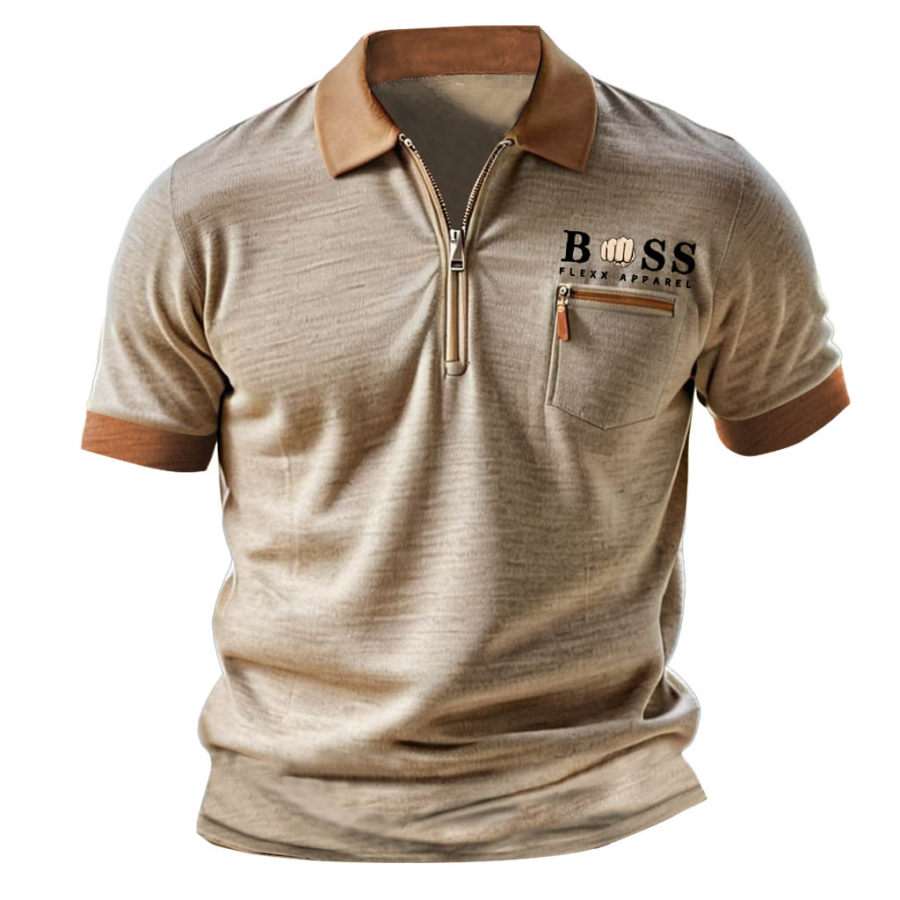 

Camiseta De Hombre Polo Con Cremallera Vintage Boss Pocket Bloques De Color Verano Diario Manga Corta Tops