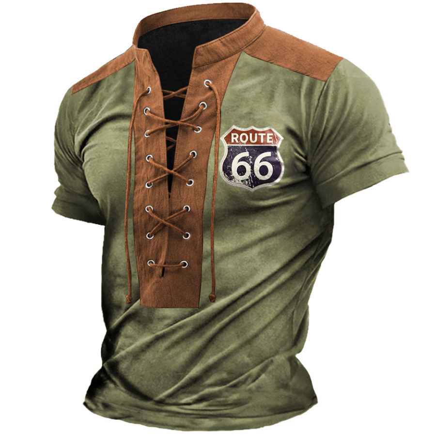 

Route 66 Camiseta Para Hombre Vintage Con Cordones Cuello Alto Manga Corta Bloque De Color Tops Diarios De Verano