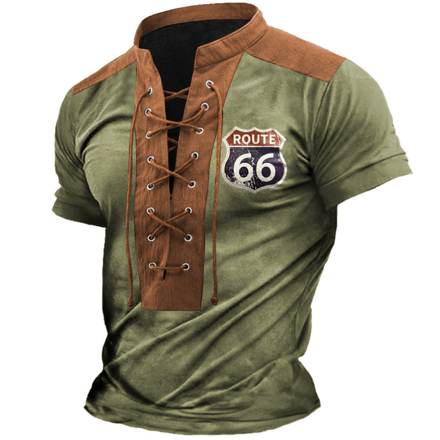 

Route 66 Herren T-Shirt Vintage Schnürung Stehkragen Kurzarm Farbblock Sommer Alltag Tops