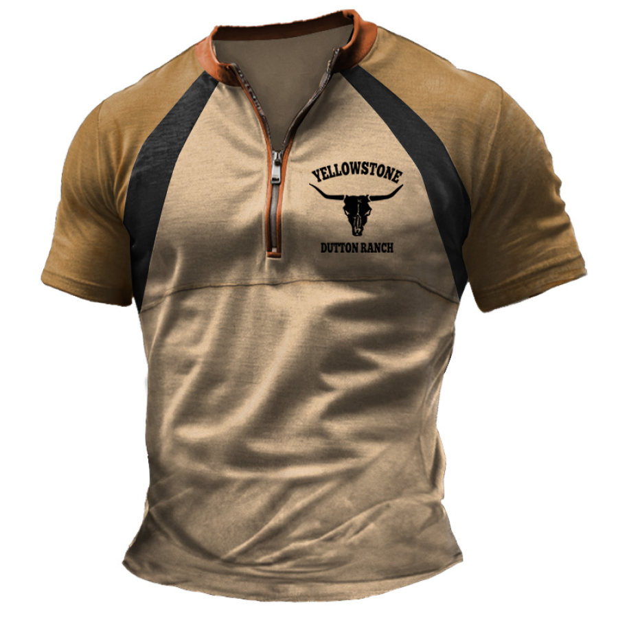 

Yellowstone Herren-T-Shirt Im Vintage-Stil Mit Farbblock-Reißverschluss Und Henley-Kragen