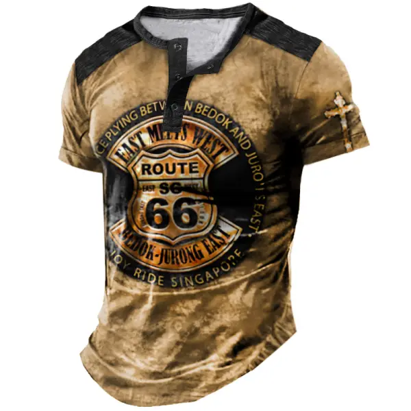 Route 66 Cross Men's Henley T-Shirt Vintage Distressed Color Block Daily Tops - Cotosen.com