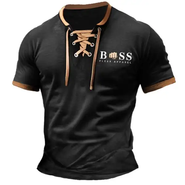 Men's T-Shirt Boss Vintage Lace-Up Short Sleeve Color Block Summer Daily Tops - Cotosen.com 