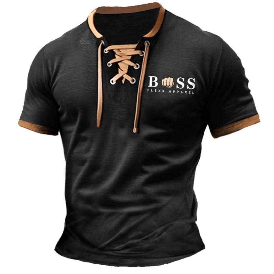 

Men's T-Shirt Boss Vintage Lace-Up Short Sleeve Color Block Summer Daily Tops