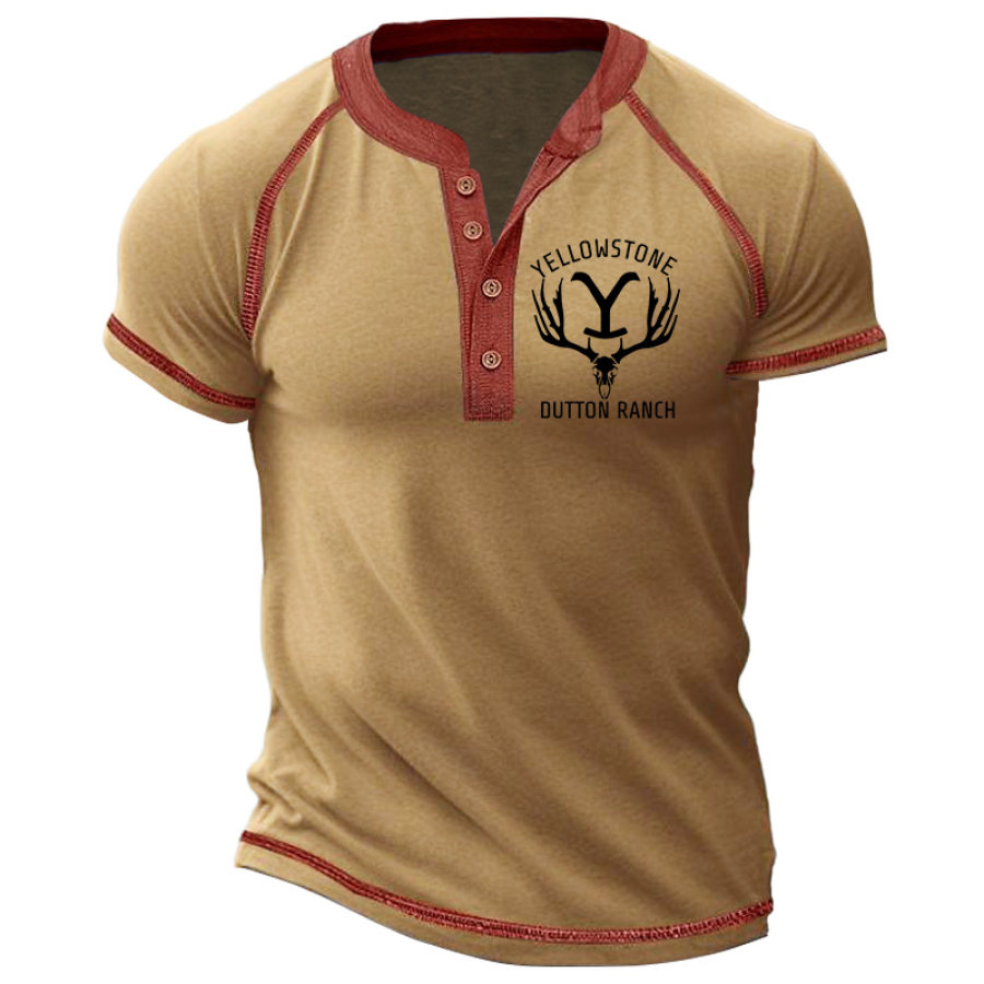 

Yellowstone Men's Vintage Color Block Henley Short Sleeve T-Shirt