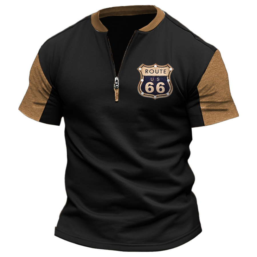 

Мужская винтажная футболка с воротником-хенли и застежкой-молнией Route 66 с цветными блоками