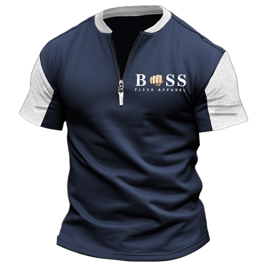 

Vintage Boss Farbblock-T-Shirt Mit Reißverschluss Und Henley-Kragen Für Herren