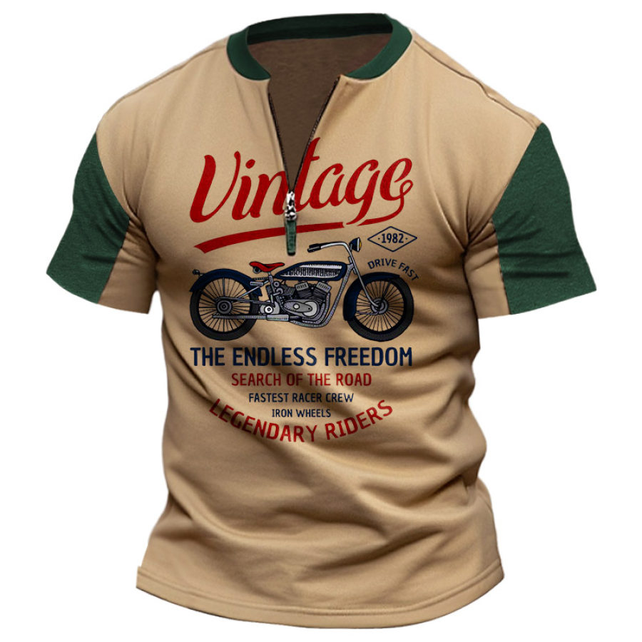 

Vintage-Motorrad-T-Shirt Für Herren Mit Farbblock-Reißverschluss Und Henley-Kragen