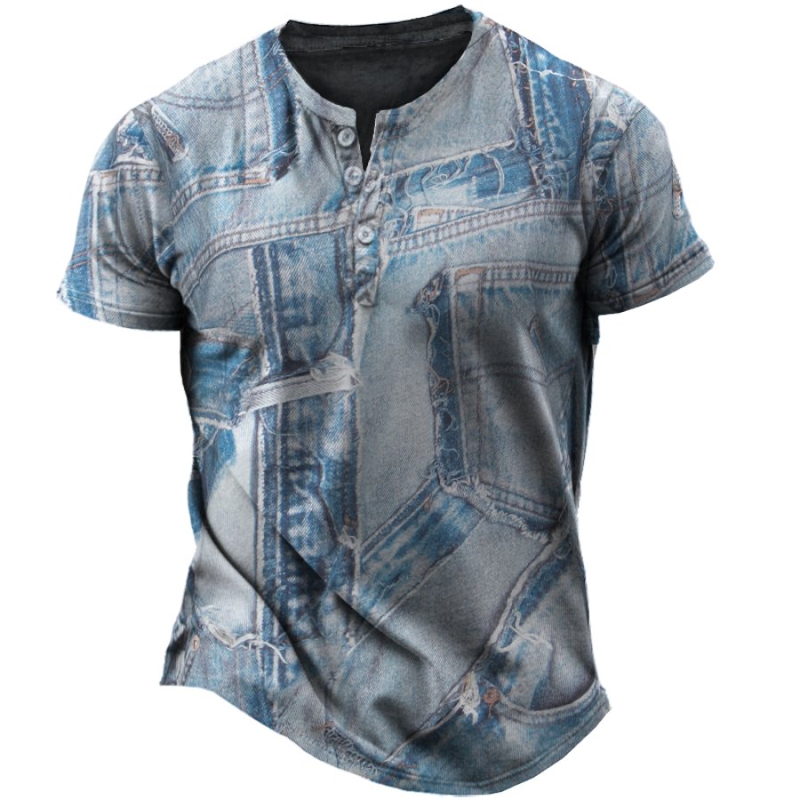 

Herren Retro Vacation Hawaii Denim Jeans Couture Henley T-Shirt Mit 3D-Druck