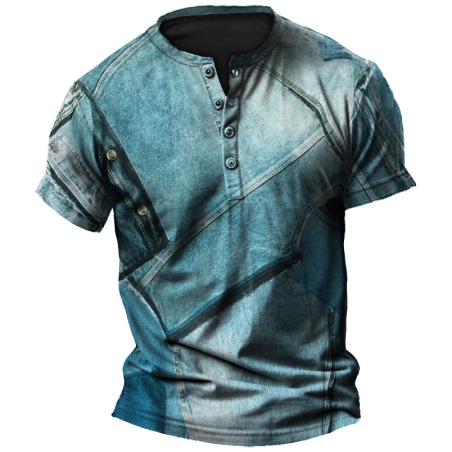 

Camiseta Henley Con Estampado 3D De Alta Costura De Vaqueros De Mezclilla Hawaianos De Vacaciones Retro Para Hombre