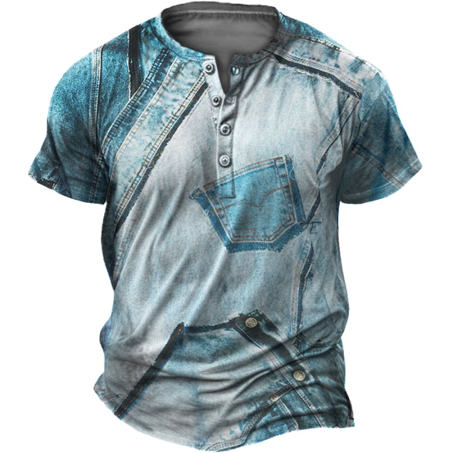 

Men's Retro Vacation Hawaii Denim Jeans Couture 3D Print Henley T-Shirt