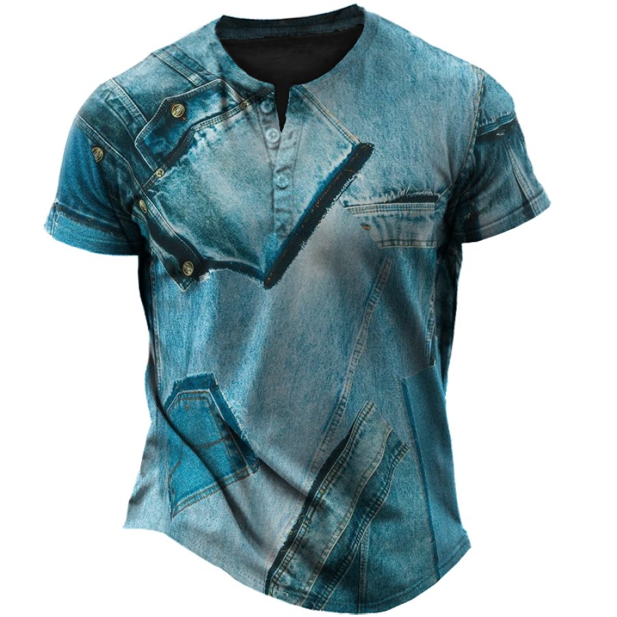 

Herren Retro Vacation Hawaii Denim Jeans Couture Henley T-Shirt Mit 3D-Druck