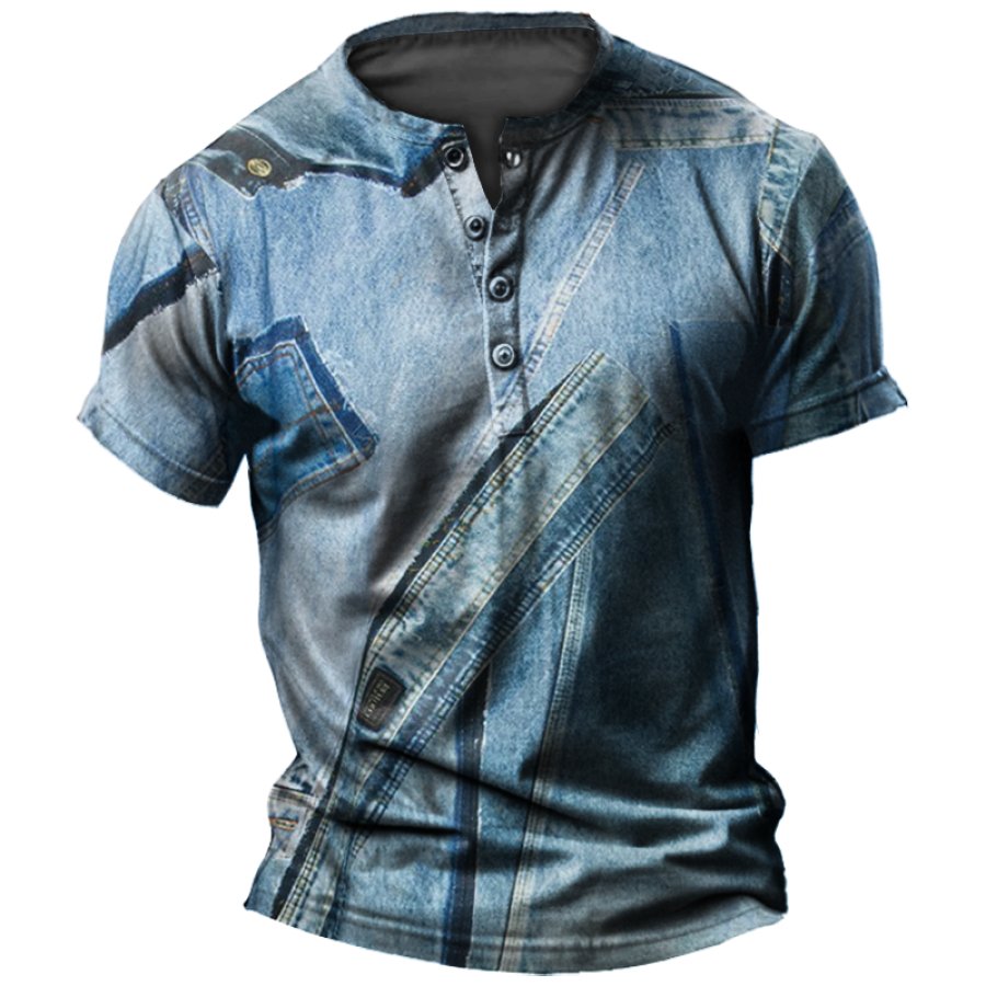 

T-shirt Henley Rétro Vacances Hawaii Denim Jeans Couture Imprimé 3D Pour Hommes