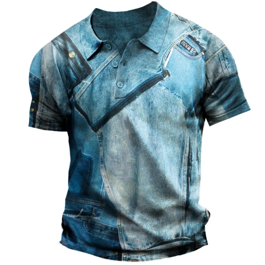 

T-shirt Henley En Jean Pour Hommes Rétro Vacances Hawaii Couture Impression 3D Polo