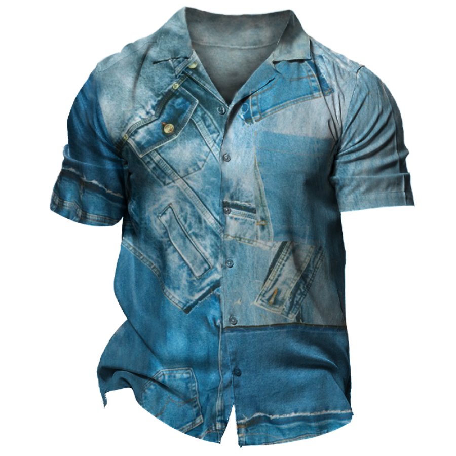 

Men's Retro Vacation Hawaii Denim Jeans Couture 3D Print Henley Polo Shirt