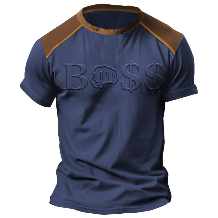

Мужская винтажная повседневная футболка с круглым вырезом и тиснением Boss с короткими рукавами и цветными блоками