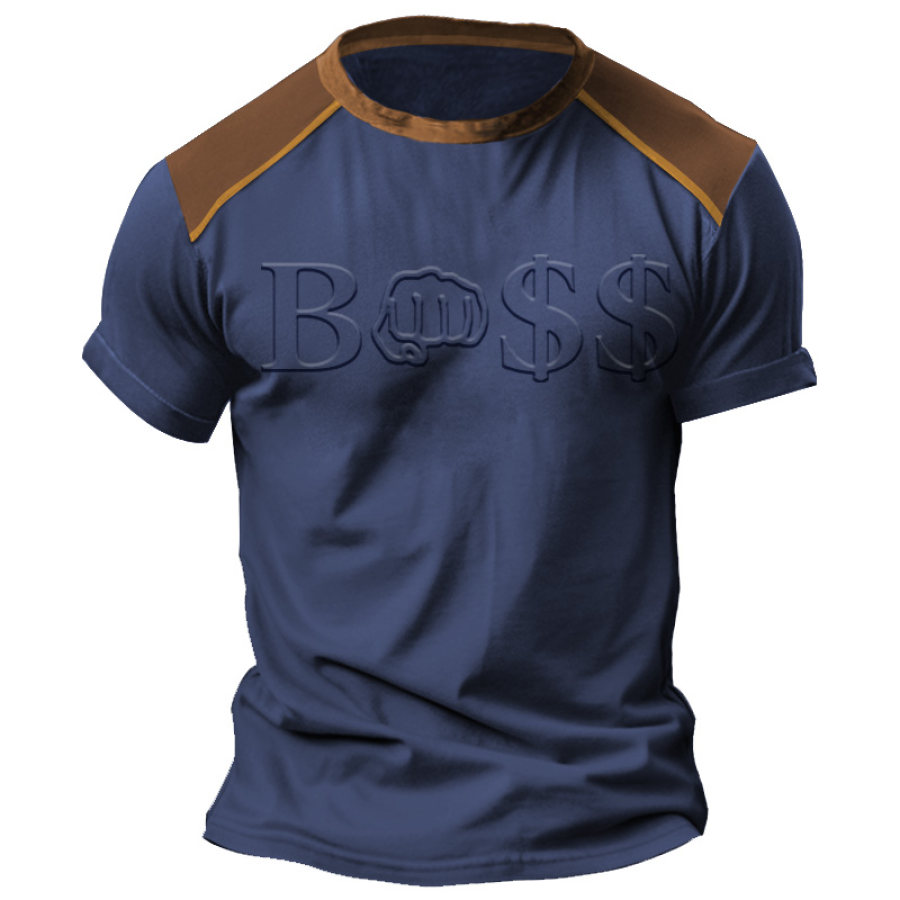 

Men's Vintage Boss Embossed Daily Short Sleeve Color Block Crew Neck T-Shirt