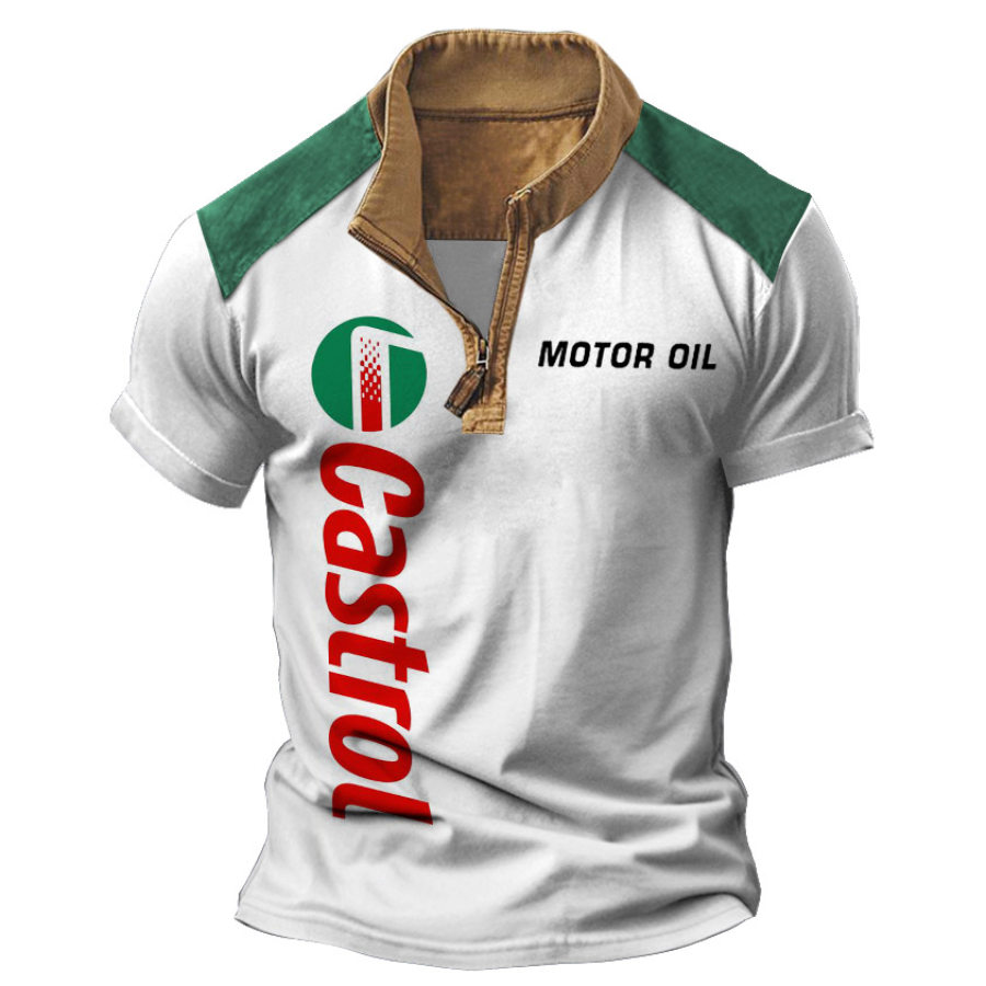 

Motor Oil Men's T-Shirt Zipper Stand Collar Vintage Color Block Summer Daily Short Sleeve Tops