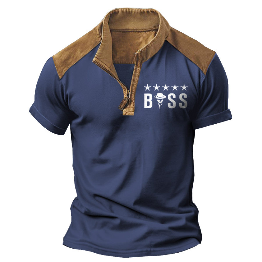 

Hombre Camiseta Cremallera Cuello Alto Vintage Boss Estampado Bloques Verano Diario Manga Corta Tops