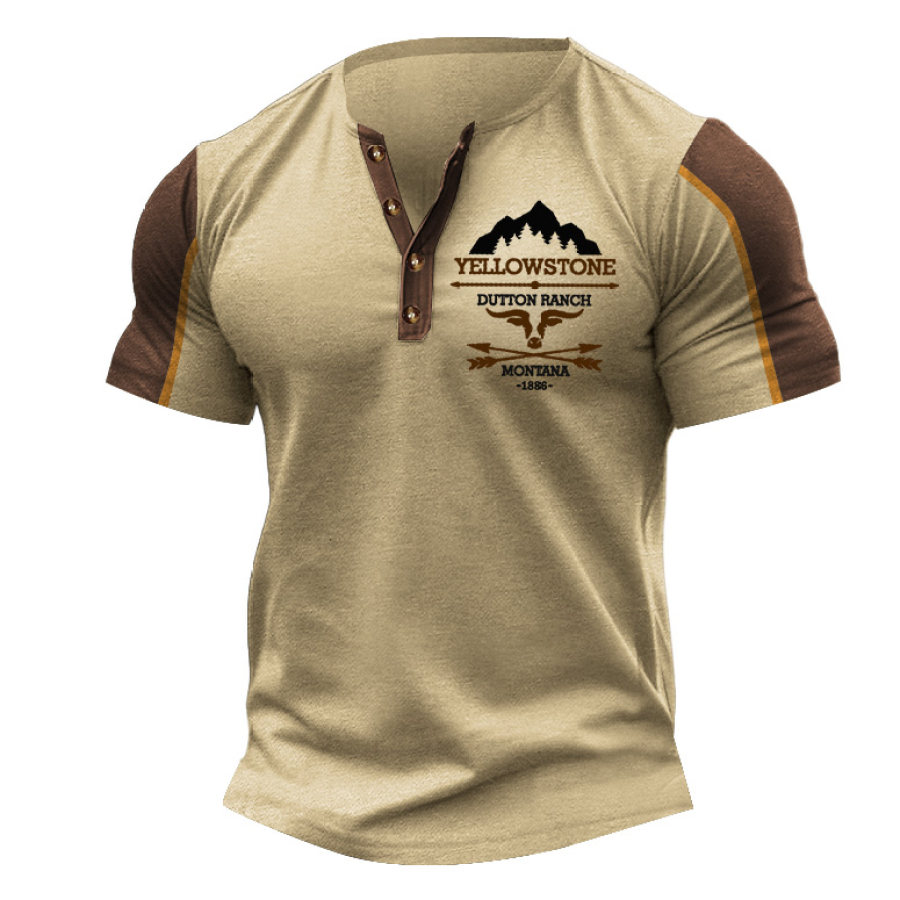 

T-shirt à Manches Courtes Henley Vintage Yellowstone Western Color Block Pour Hommes