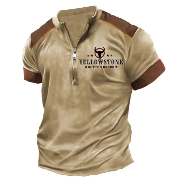 Men's Vintage Yellowstone Color Block Zipper Henley Collar T-Shirt - Cotosen.com