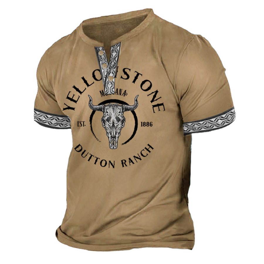 

Men's Vintage Yellowstone Western Cowboy Aztec Henley Short Sleeve T-Shirt