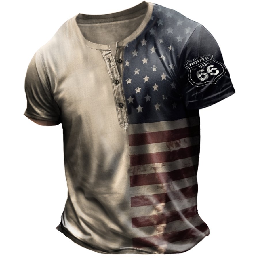 

Men's Vintage American Flag Route 66 Print Henley T-Shirt