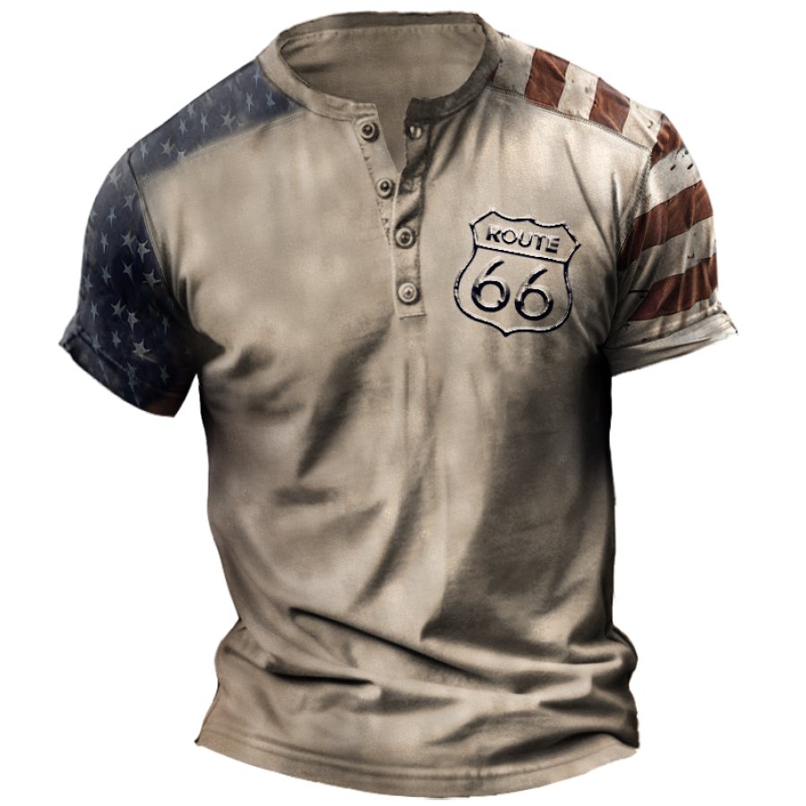 

Vintage Amerikanische Flagge Route 66 Print Henley T-Shirt Für Herren