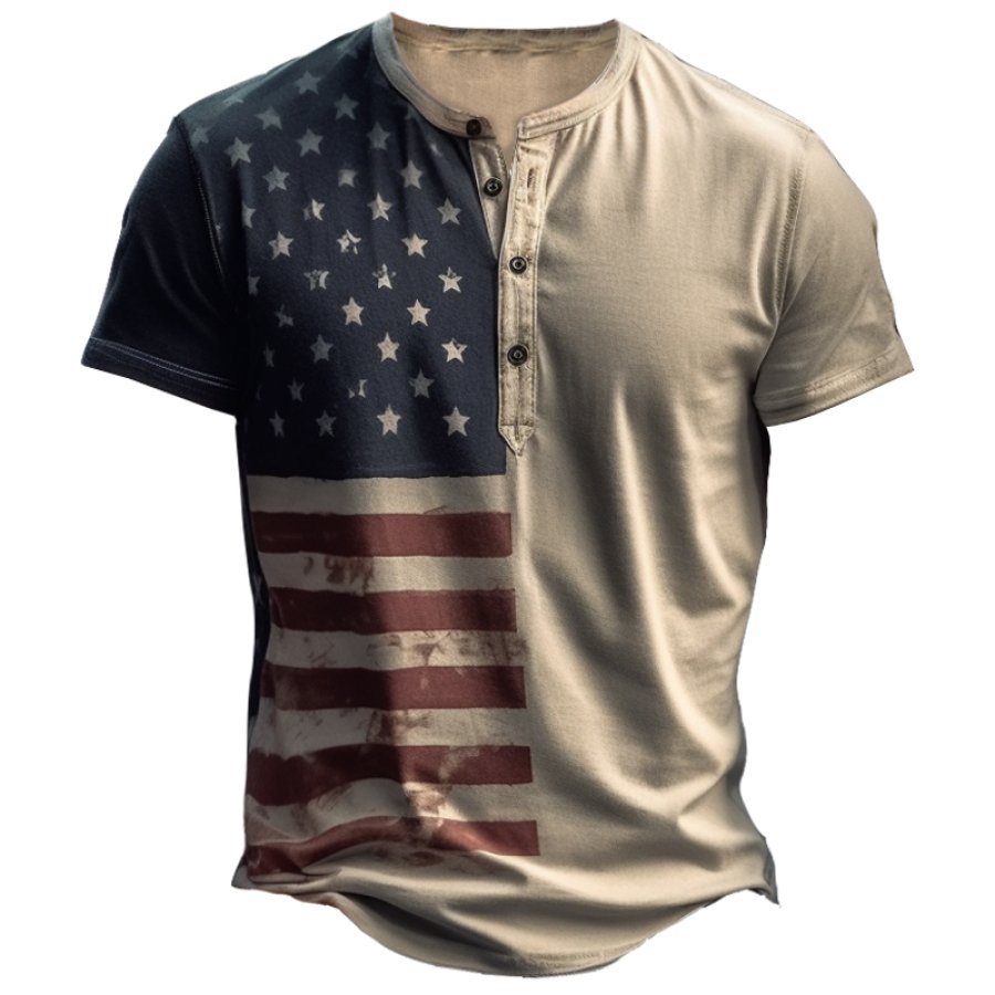 

T-shirt Henley à Imprimé Drapeau Américain Vintage Pour Homme