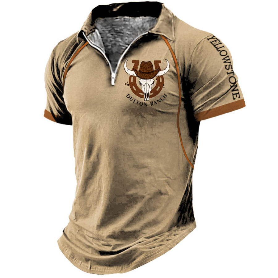 

Yellowstone Western Cowboy Men's Zipper Polo Shirt Vintage Outdoor Color Block Short Sleeve Summer Daily Tops