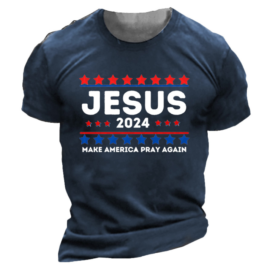 

Мужская футболка с круглым вырезом с короткими рукавами и принтом «Иисус снова сделает Америку великой»