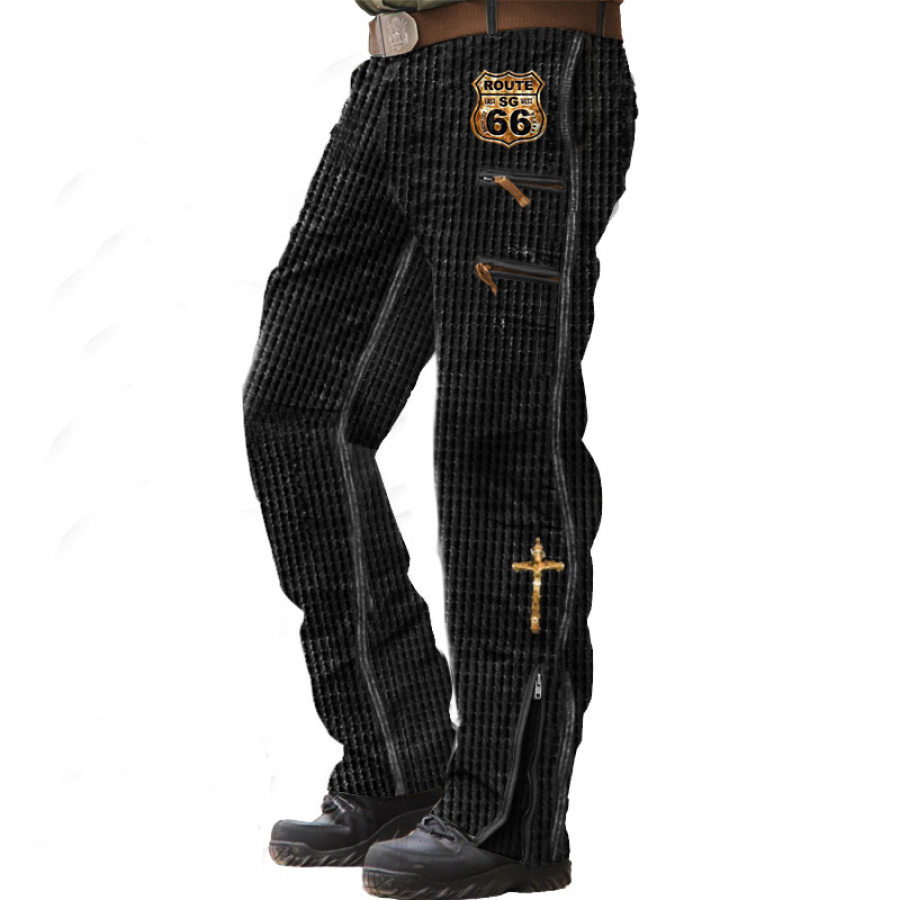 

Route 66 Cross Мужские винтажные вафельные вязаные уличные тактические повседневные брюки с несколькими карманами на молнии