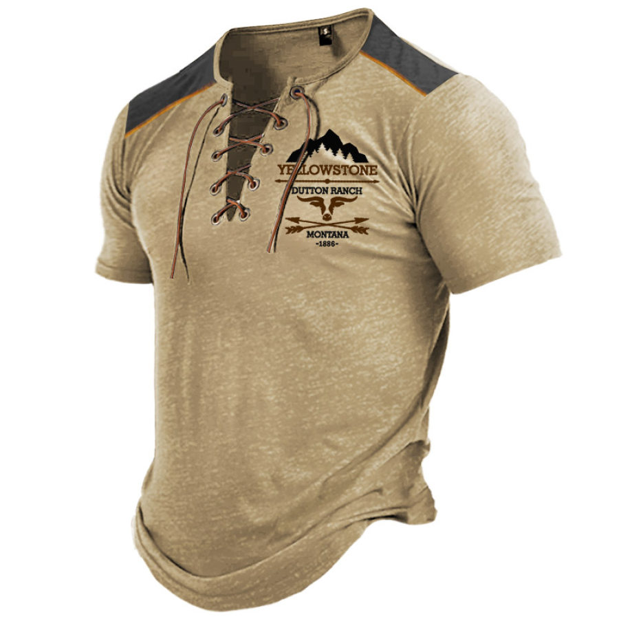 

Yellowstone Herren T-Shirt Vintage Schnürung Kurzarm Farbblock Sommer Alltag Tops